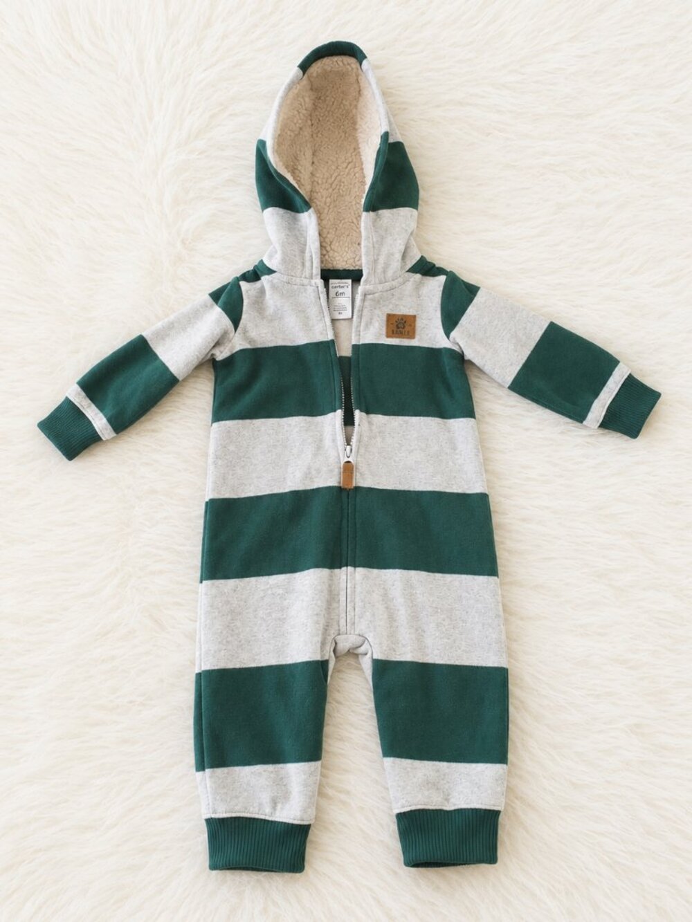 Carter Baby Boy Green/Gray Striped Fleece Hooded Jumpsuit SZ 6M